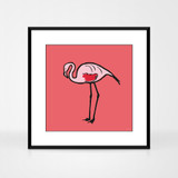 Graphic animal art print of a flamingo by designer Jacky Al-Samarraie.  The print is shown framed.