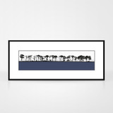 Landscape print of Northumberland countryside by designer Jacky Al-Samarraie.  The print colour is blue.  The print is shown in a frame for reference.