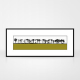 Landscape print of Northumberland countryside by designer Jacky Al-Samarraie. The print colour is green. The print is shown in a frame for reference.