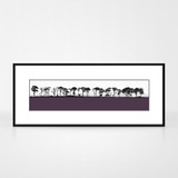 Landscape print of Northumberland countryside by designer Jacky Al-Samarraie. The print colour is aubergine. The print is shown in a frame for reference.