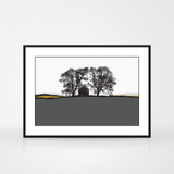 Landscape print of Conistone in the Yorkshire Dales, England by designer Jacky Al-Samarraie. The print colour is dark grey and orange. The print is shown in a frame.