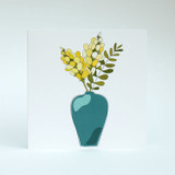 Yellow Floral Blank greeting card with teal vase by Jacky Al-Samarraie