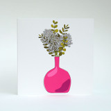 White Floral Blank greeting card with bright pink vase by Jacky Al-Samarraie