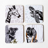 Giraffe, turtle, koala & tiger wild animal coaster set by Jacky Al-Samarraie