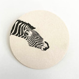 Zebra design hand printed beermat style drinks coaster by Jacky Al-Samarraie