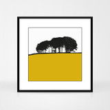 Landscape print of Guiseley, West Yorkshire by designer Jacky Al-Samarraie. The print is shown in a frame for reference.