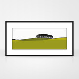 Landscape print of Laurieston in Dumfries and Galloway, Scotland by designer Jacky Al-Samarraie. The print is shown in a frame for reference.