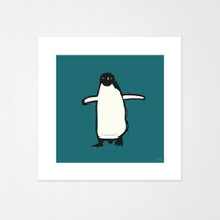 Graphic animal art print of a penguin by designer Jacky Al-Samarraie.  The print is unmounted and has a teal background colour.