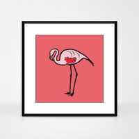 Graphic animal art print of a flamingo by designer Jacky Al-Samarraie.  The print is shown framed.