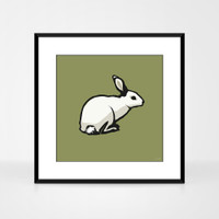 Graphic animal art print of a rabbit by designer Jacky Al-Samarraie.  The print is shown framed.