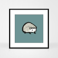 Graphic animal art print of a hedgehog by designer Jacky Al-Samarraie.  The print is shown in a black aluminium frame.