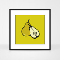 Graphic art print of green pears by designer Jacky Al-Samarraie.  The print is shown in a black aluminium frame.