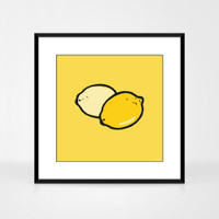 Graphic art print of lemons by designer Jacky Al-Samarraie.  The print is shown in a black aluminium frame.