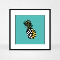 Graphic art print of pineapple by designer Jacky Al-Samarraie.  The print is shown in a black aluminium frame. It has a turquoise background colour.