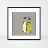 Graphic art print of two vases and flowers by designer Jacky Al-Samarraie.  The print is shown in a black aluminium frame.