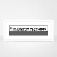 Art print of Northumberland countryside by designer Jacky Al-Samarraie, mounted and framed. The print colour is grey.