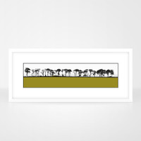 Art print of Northumberland countryside by designer Jacky Al-Samarraie, mounted and framed. The print colour is green.