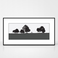 Landscape print of dog walkers in Roundhay Park in Leeds by designer Jacky Al-Samarraie.  Shown in frame for reference.