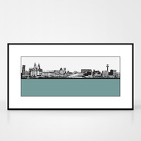 Landscape print of Liverpool city skyline from the River Mersey by designer Jacky Al-Samarraie.  Shown in frame for reference.