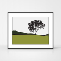 Landscape print of trees in Braemar, Scotland by designer Jacky Al-Samarraie.  Shown in frame for reference.