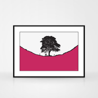 Jacky Al-Samarraie Landscape Print of Sycamore Gap, with a family of walkers, framed.