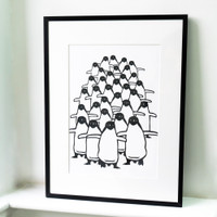 Small penguin screen-print in black frame