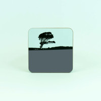 Tree landscape drinks coaster by Jacky Al-Samarraie. Weybourne, Norfolk.