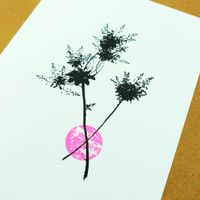 Black flower silhouette print with an element of bright pink by Jacky Al-Samarraie