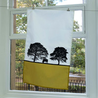 Landscape cotton tea towel with trees by Jacky Al-Samarraie. Mustard Colour.