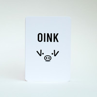 Oink pig design greeting card by Jacky Al-Samarraie