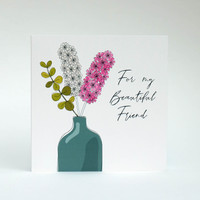 Floral Happy Birthday Card Friend with blue vase by Jacky Al-Samarraie