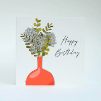 Floral Happy Birthday Card with orange vase by Jacky Al-Samarraie