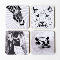 Zebra, Snow Leopard, Elephant & Hippo coaster set by Jacky Al-Samarraie