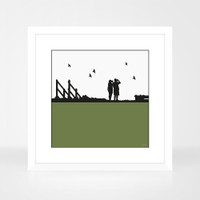 Birdwatching print by Jacky Al-Samarraie shown in a white wood frame. Dark Green block colour.