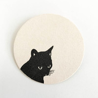 Black Cat design hand printed beermat style drinks coaster by Jacky Al-Samarraie