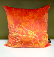 Tomato orange velvet cushion with foliage design by Jacky Al-Samarraie. Yorkshire wool filled inner pad.