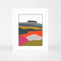 Guiseley, Leeds Multicoloured landscape print by designer Jacky Al-Samarraie, in a white frame.