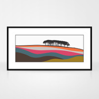 Guiseley, Leeds Multicoloured landscape print by designer Jacky Al-Samarraie, in a black aluminium frame.