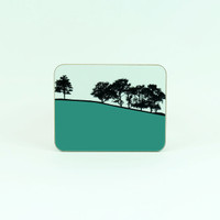 Teal melamine tree design drinks coaster. Troutbeck Lake District by Jacky Al-Samarraie. The Art Rooms