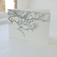 Jacky Al-Samarraie Letterpress Birdsong greeting card with lime coloured birds on branches