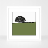 Landscape print of Avoca, County Wicklow, Ireland by designer Jacky Al-Samarraie.  The print is shown in a frame for reference.