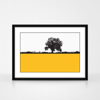 Art landscape print of Kilburn, North Yorkshire by designer Jacky Al-Samarraie, mounted and framed.