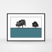 Landscape print of Ringinglow, Sheffield, Yorkshire by designer Jacky Al-Samarraie.  The print is shown in a frame for reference.