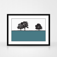 Art landscape print of Ringinglow, Sheffield, Yorkshire by designer Jacky Al-Samarraie, mounted and framed.