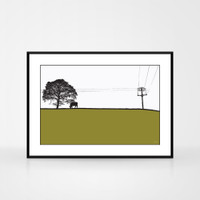 Landscape print of Yeadon, Yorkshire by designer Jacky Al-Samarraie.  The print is shown in a frame for reference.