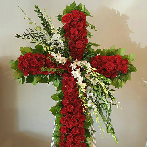 Red Rose and Orchids Cross Sympathy Flowers Midwood Flower Shop | Charlotte Florist Delivery Service