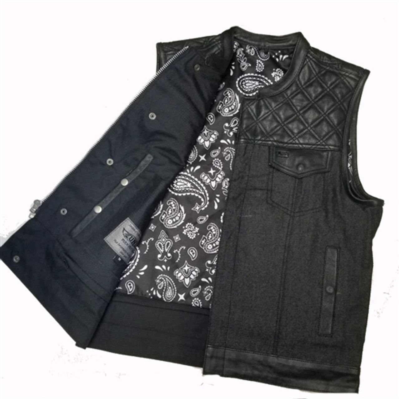 Black & White Paisley Leather & Denim Motorcycle Vest by Unik