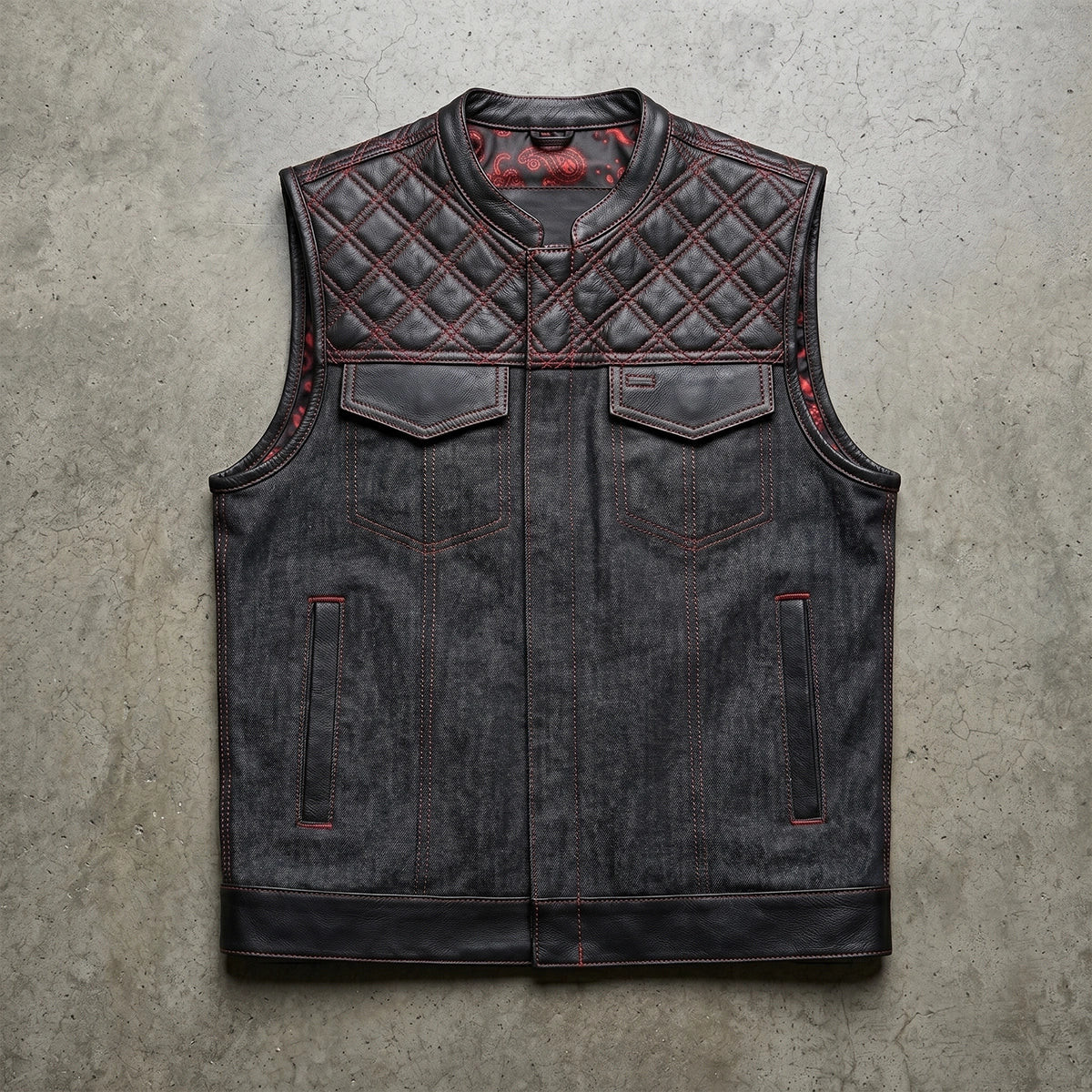 Black & Red Paisley Denim Leather Motorcycle Vest | Concealed Carry