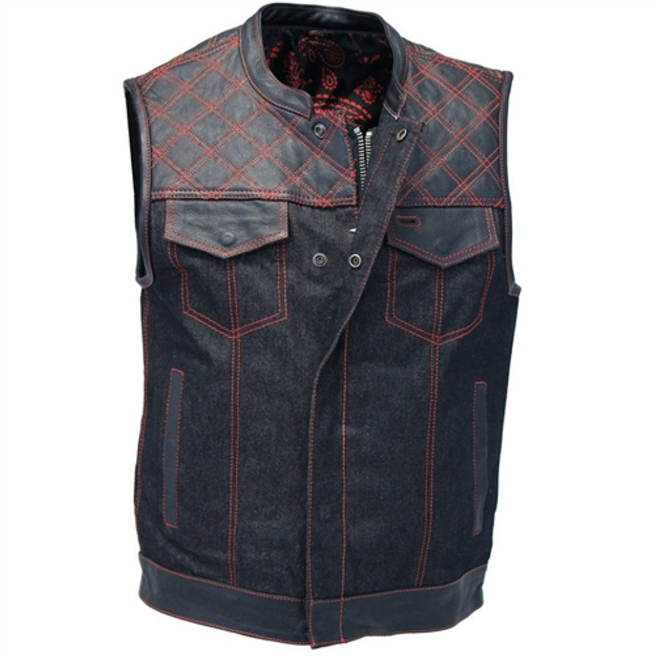 Black & Red Paisley Denim Leather Club Vest – Durable Biker