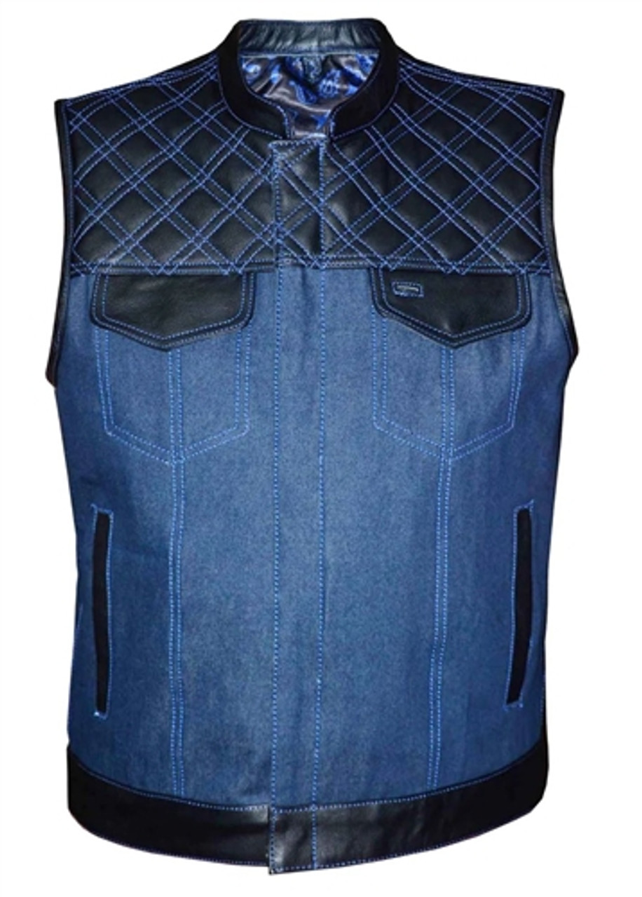 Black & Blue Paisley Denim Leather Motorcycle Vest | Leather